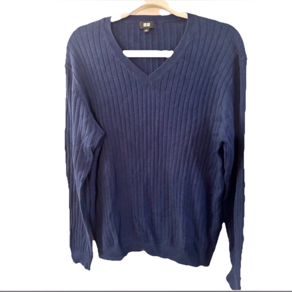 Uniqlo V Neck Navy Blue Cotton And Cashmere Sweater Size Med